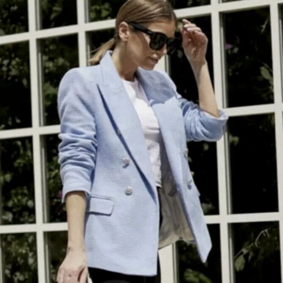 ZARA WOMEN NEW SKY BLUE Textured Weave Jacket Tweed Blazer 7822/480 XS - Picture 3 of 8
